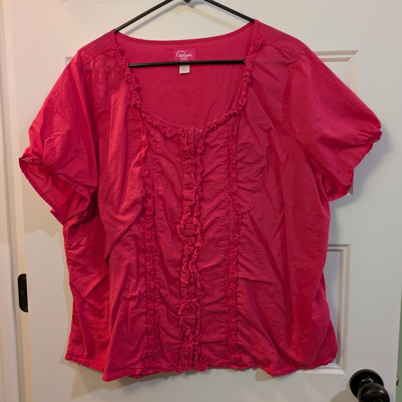 Pappagallo Tops - Women’s Ruffled Scoop-Neck Short Sleeve Blouse in Fuchsia